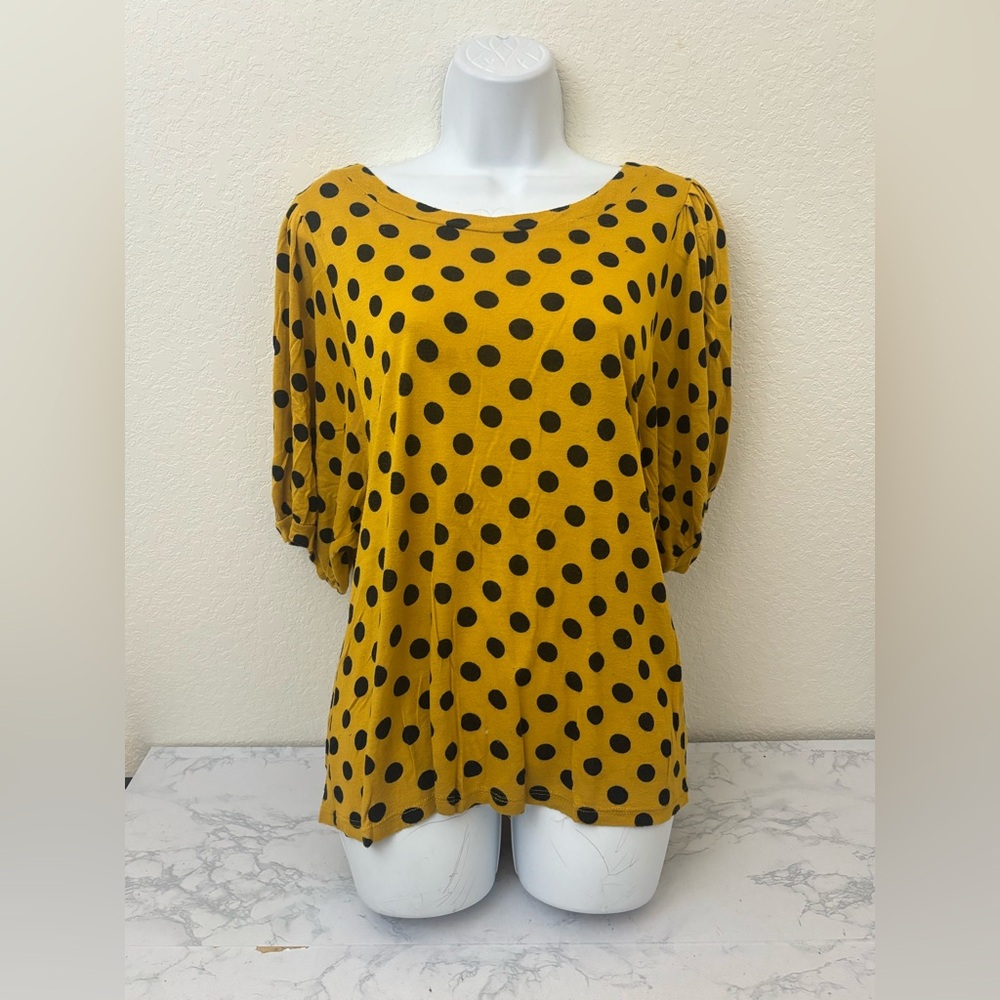 Mind Code Long Puff Sleeve Top Women’s Sz M Yellow Black Polka Dots Pullover